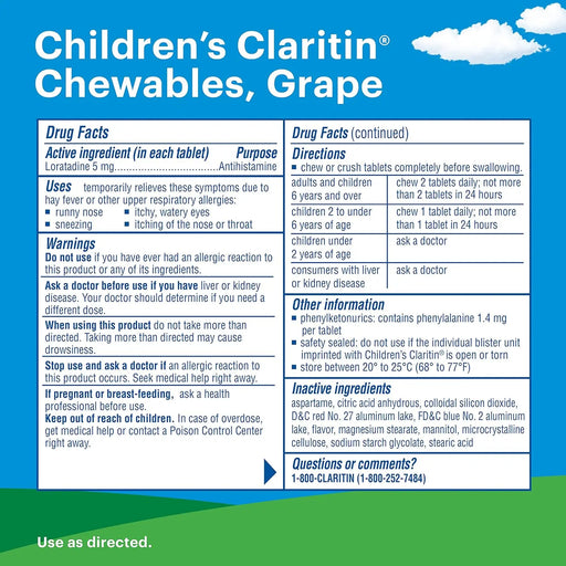 Children's Claritin Non-Drowsy Chewable Tablets, 5 mg Loratadine, Grape (40 count/pk.) Claritin